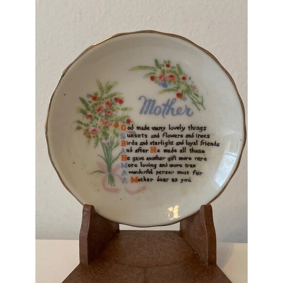 Mini Ceramic Teacup Saucer Plate Plastic Stand Mother Poem Decorative Vintage - Picture 2 of 12